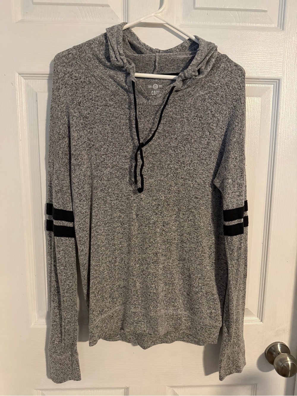 Women’s Gray Hooded Pullover Sweater with Black Sleeve Stripes Size S